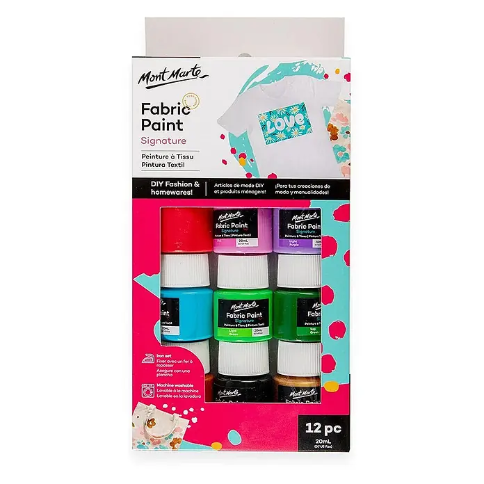 Mont Marte Textilmalfarben-Set Signature - 12x20ml - mehrfarbig, 12 Stk. x 20 ml - Mont Marte Signature Stofffarben-Set mit 12 x 20ml Flaschen in verschiedenen Farben für DIY Mode und Heimtextilien.