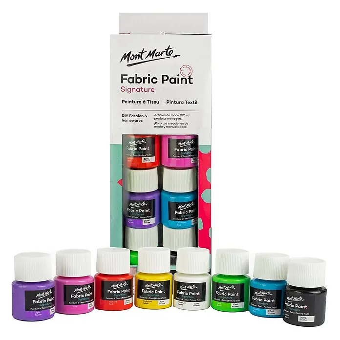 Mont Marte Textilmalfarben-Set Signature - 8x20ml - Mehrfarbig, 8 Stk. x 20 ml - Mont Marte Signature Stoffmalfarben-Set mit verschiedenen bunten 20ml Flaschen, teils verpackt, teils angeordnet.