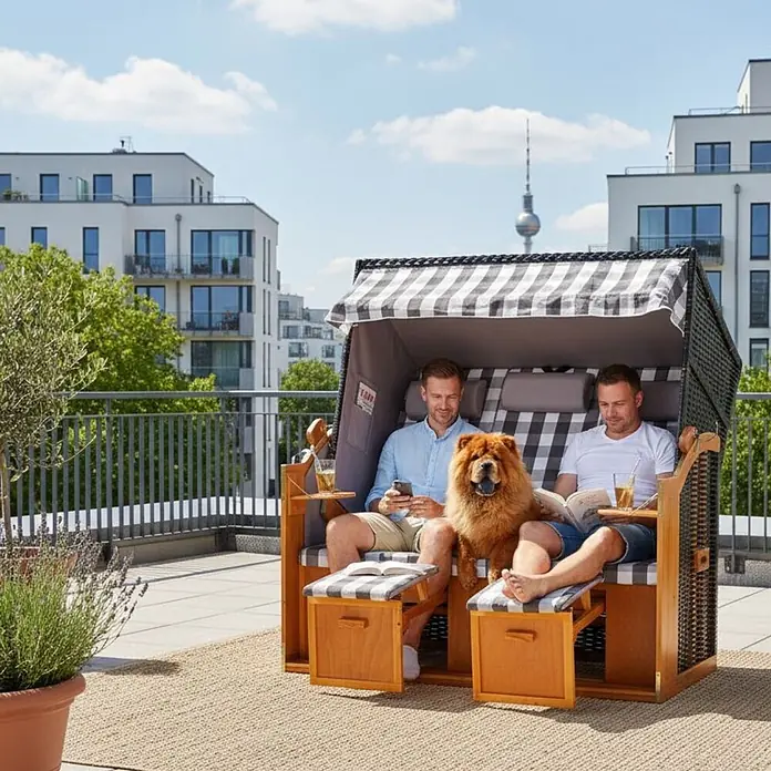 Strandkorb Ostsee XXL Wacholder PE Schwarz Dessin Grau Kariert -  - Holz- und Geflecht-Strandkorb mit grau-kariertem Stoff, von zwei Männern und einem Hund auf einer Terrasse genutzt.