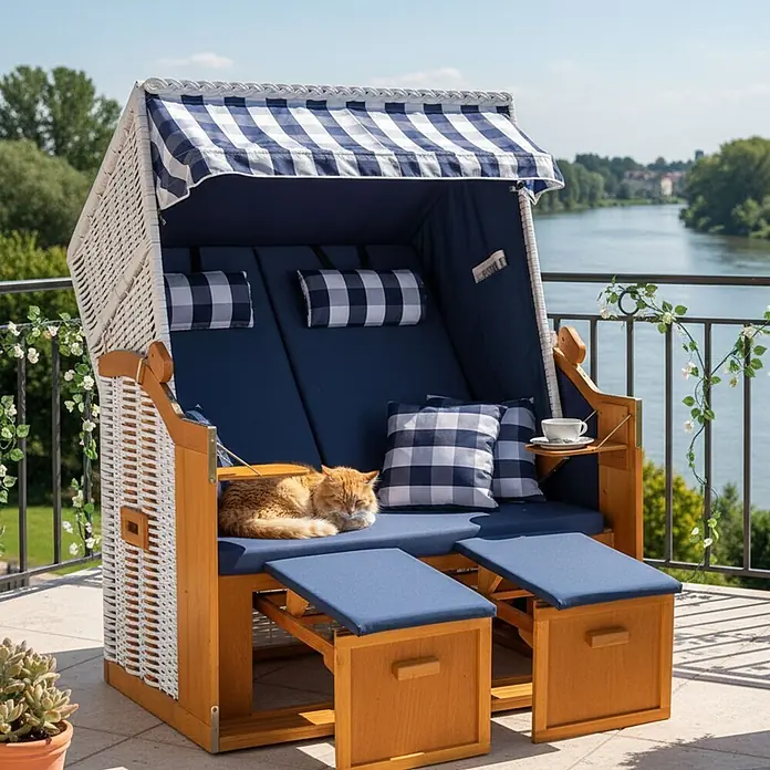 Mr. Deko Strandstuhl - 1 Stk., Wacholder, Rückenlehne verstellbar, blau, B x T x H: 120 x 80 x 160 cm - Blau-weiß gestreifter Strandkorb mit Holzrahmen und Polstern, eine Katze schläft darauf auf einem sonnigen Balkon.