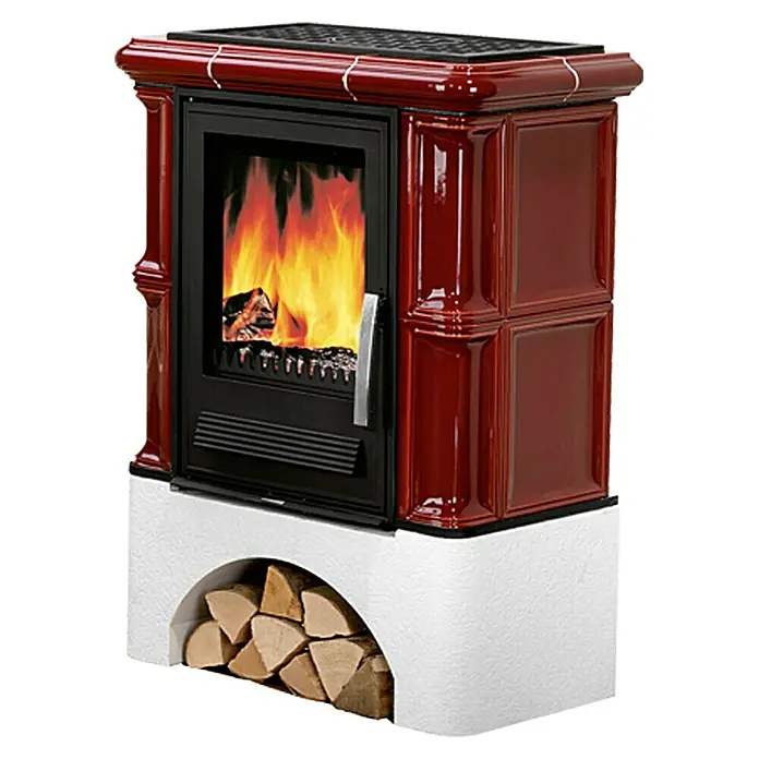 Justus Kaminofen Bavaria - 7 kW, Raumheizvermögen: 144 m³, Material Verkleidung: Keramik, Bordeaux - Gemauerter Kaminofen in Rot mit Holzfach, ein gemütlicher Wärmespender für kalte Tage. Attraktives Design und effiziente Heizleistung.
