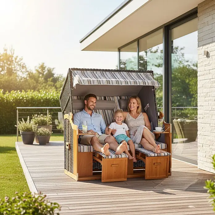 Strandkorb Ostsee XXL Wacholder PE Schwarz Dessin Oliv Grau -  - Familie entspannt sich in einem braunen geflochtenen Strandkorb aus Holz mit gestreiften Kissen auf einer Holzterrasse.