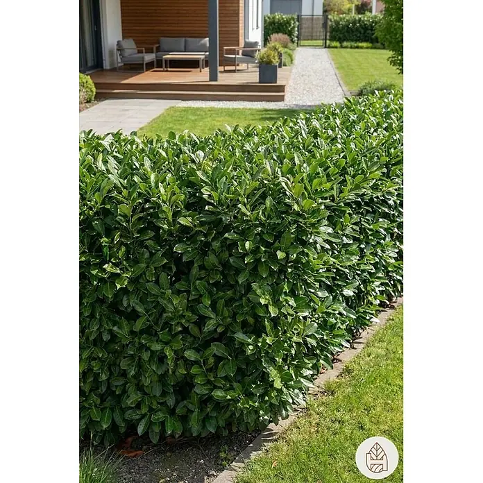 Heijnen Pflanzen Kirschlorbeer 150-175 cm - 30 St. für 15 Meter - Prunus laurocerasus 'Genolia', Topfvolumen: 10 l, Aktuelle Wuchshöhe: 150 cm - 175 cm - Üppige grüne Hecke begrenzt Rasen, Weg und Terrasse mit Gartenmöbeln. Ideal für Sichtschutz und Gartengestaltung.