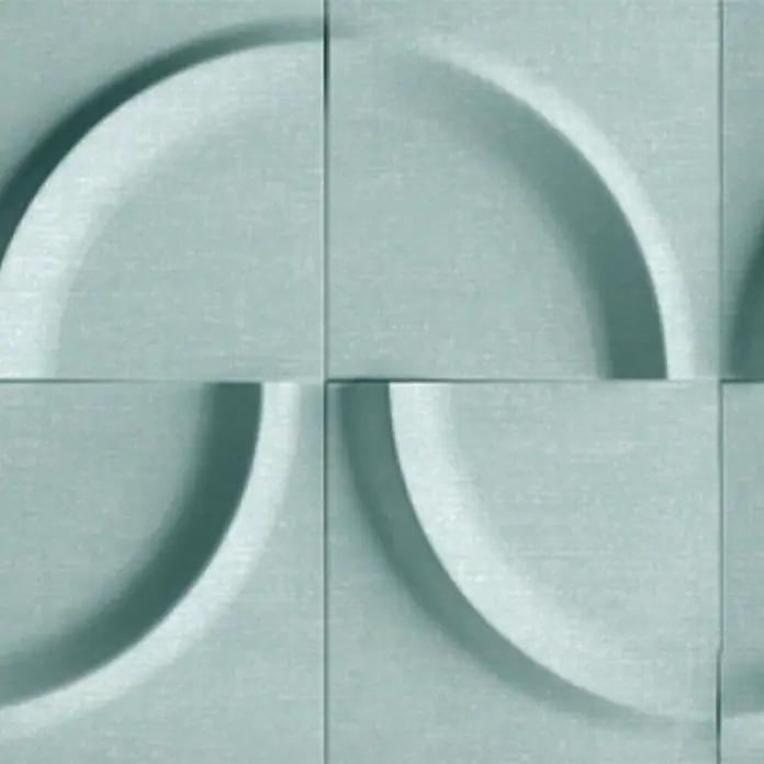 Marburg Shades Iconic Tapetenborte Grafik - Grün - Texturierte teal Wandpaneele mit einem sich wiederholenden 3D-Geometriemuster aus Viertelkreisen, die ein Wellendesign bilden.