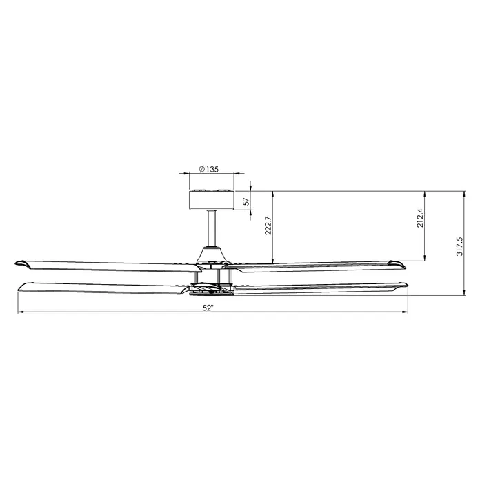 Vam Deckenventilator DC Deckenventilator 3 PLUS 3 Wi-Fi weiß 132 cm - weiß, 1.320 mm, 31 W - Technische Zeichnung eines Deckenventilators mit 4 Flügeln und verschiedenen Maßen, einschließlich 52 Zoll Spannweite.