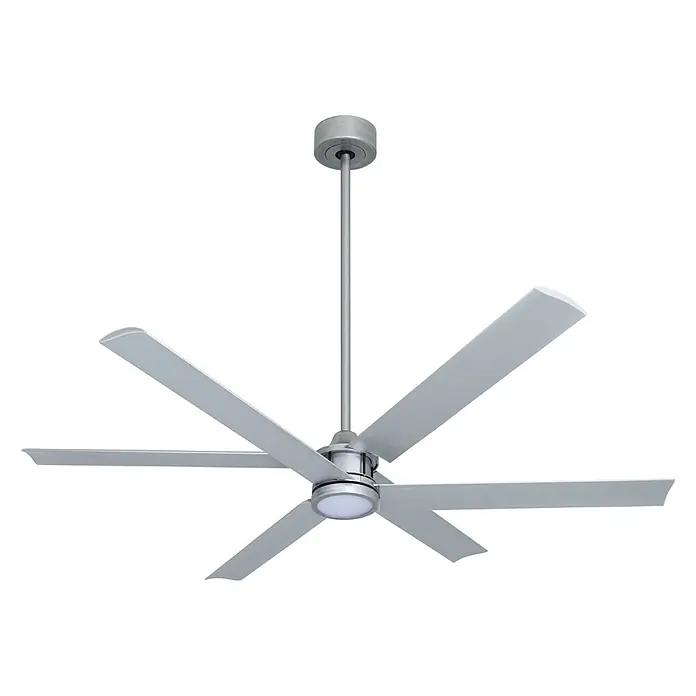 Vam Deckenventilator DC Deckenventilator 3 PLUS 3 Wi-Fi silber LED - silber, 1.320 mm, 31 W - Moderner silbergrauer Deckenventilator mit sechs Flügeln und integrierter LED-Beleuchtung, an einer Stange hängend.