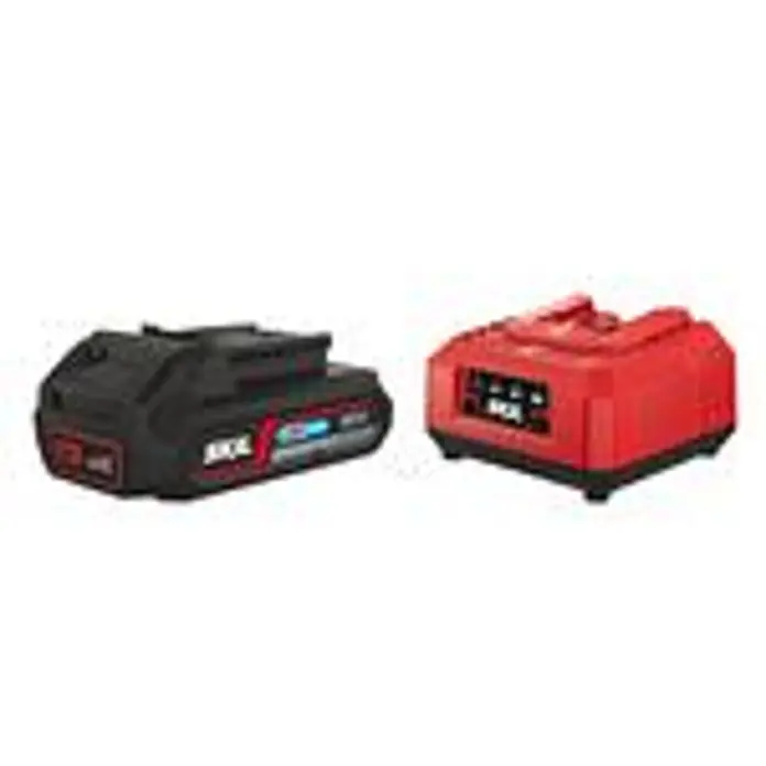 Skil Akku 3110 AA - 18 V, 2 Ah, Li-Ionen - Schwarzer Akku und rotes Ladegerät für Elektrowerkzeuge.