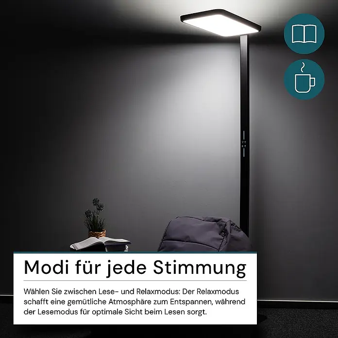 LUXULA LED Stehleuchte 100 W 4000 K neutralweiß schwarz dimmbar -  - Eine schwarze LED-Stehleuchte erhellt einen dunklen Raum, mit Touch-Bedienelementen und Symbolen für Lese- und Relaxmodi.