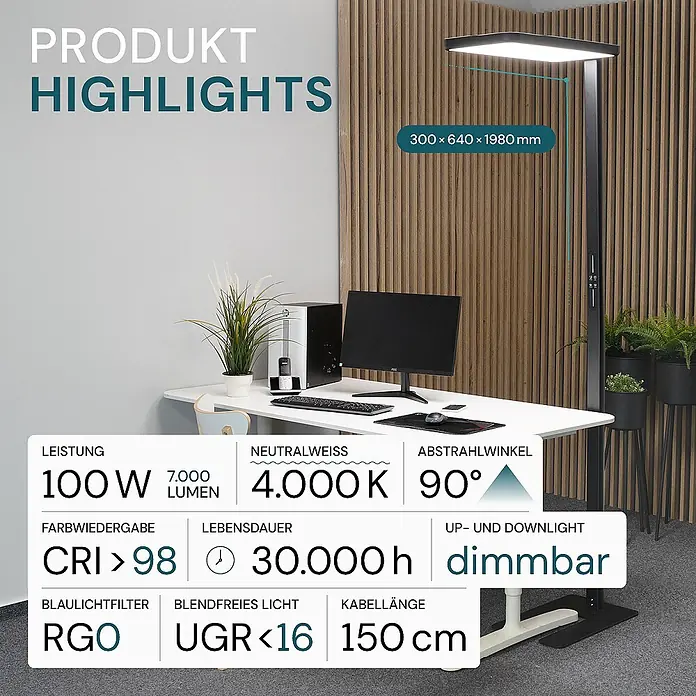 LUXULA LED Stehleuchte 100 W 4000 K neutralweiß schwarz dimmbar -  - Moderne schwarze Stehleuchte (1980 mm hoch) mit Up-/Downlight, beleuchtet einen Schreibtisch-Arbeitsplatz.