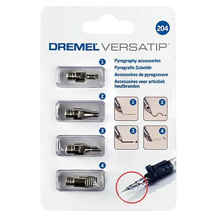 Dremel Brandmal-Set VersaTip Mod. 204 - Passend für: Dremel VersaTip, 4 Stk. - Dremel VersaTip 204 Pyrographie Zubehörset. Enthält verschiedene Spitzen zum Gravieren und Dekorieren von Holz und Leder.