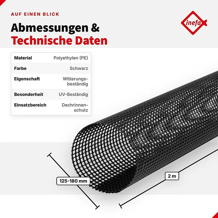 Inefa Dachrinne 2m Laubschutzgitter 125-180mm PVC Laubschutz Schwarz - Nennweite: 125 mm, Länge: 200 cm, Kunststoff, Schwarz - Schwarzes Polyethylen-Dachrinnenschutzgitter, UV- und wetterbeständig, 2m lang, 125-180mm breit.