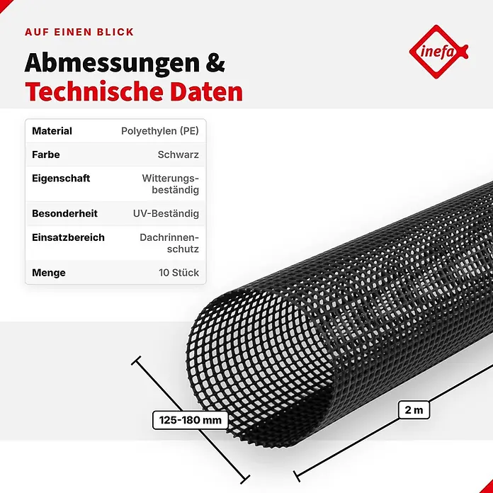Inefa Dachrinne 10x Laubschutzgitter 2m x 125-180mm PVC Laubschutz Schwarz - Nennweite: 125 mm, Länge: 200 cm, Kunststoff, Schwarz