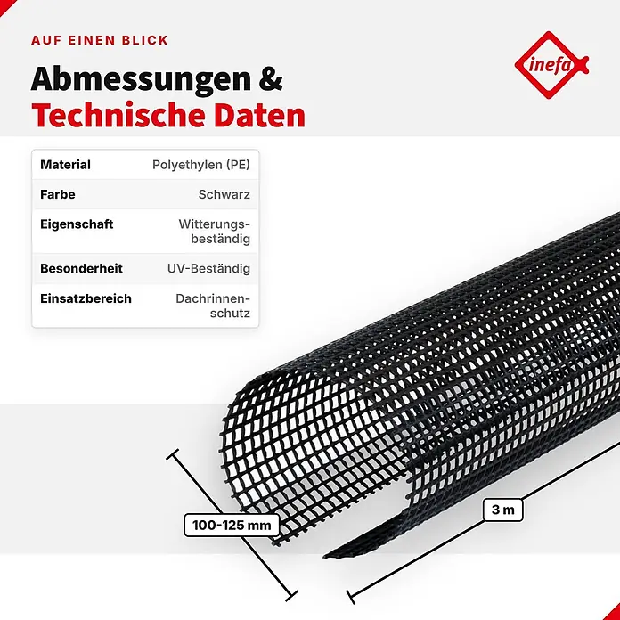Inefa Dachrinne 3m Laubschutzgitter 100-125mm PVC Laubschutz Schwarz - Nennweite: 100 mm, Länge: 300 cm, Kunststoff, Schwarz - Schwarzes Polyethylen-Dachrinnenschutzgitter, 3m lang, 100-125mm breit, wetter- und UV-beständig.