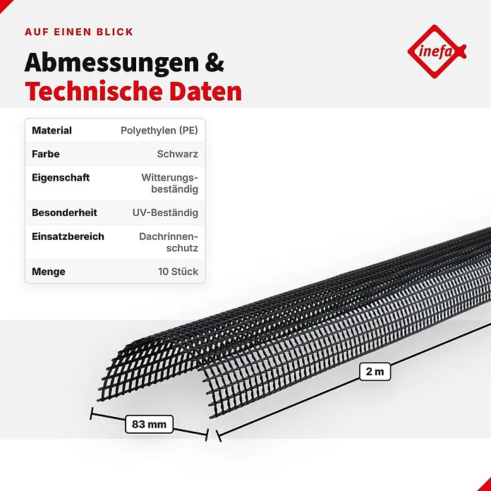 Inefa Dachrinne 10x Laubschutzgitter 2m x 83mm PVC Laubschutz Schwarz - Nennweite: 83 mm, Länge: 200 cm, Kunststoff, Schwarz