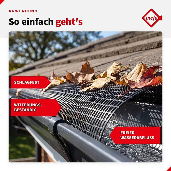 Inefa Dachrinne 2m Laubschutzgitter 68mm PVC Laubschutz Schwarz - Nennweite: 68 mm, Länge: 200 cm, Kunststoff, Schwarz