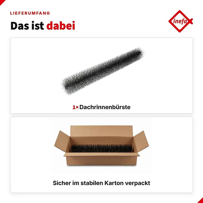 Inefa Dachrinne 120cm Dachrinnenbürste, Laubschutz, Schwarz - Nennweite: 120 mm, Länge: 120 cm, Kunststoff, Schwarz - Schwarze Dachrinnenbürste und ihre sichere Verpackung in einem Karton.
