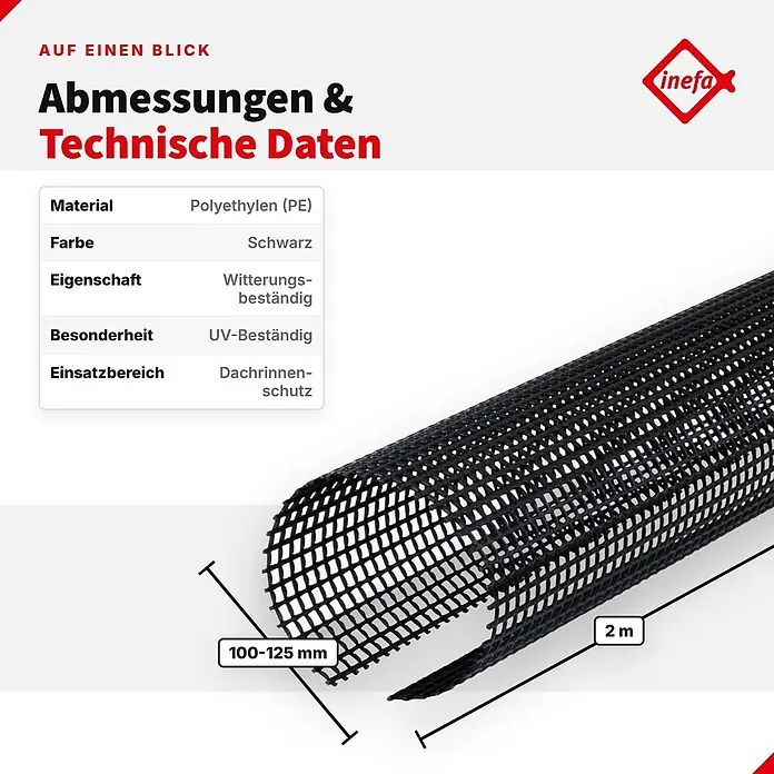 Inefa Dachrinne 2m Laubschutzgitter 100-125mm PVC Laubschutz Schwarz - Nennweite: 100 mm, Länge: 200 cm, Kunststoff, Schwarz - Schwarzes Polyethylen-Dachrinnenschutzgitter, UV- und witterungsbeständig, für 100-125 mm Rinnen, 2 m lang.
