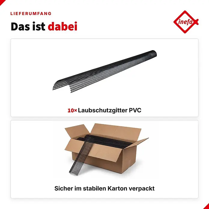 Inefa Dachrinne 10x Laubschutzgitter 2m x 125-180mm PVC Laubschutz Schwarz - Nennweite: 125 mm, Länge: 200 cm, Kunststoff, Schwarz