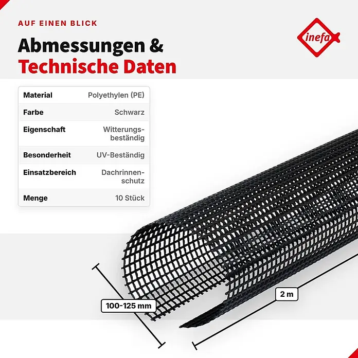 Inefa Dachrinne 10x Laubschutzgitter 2m x 100-125mm PVC Laubschutz Schwarz - Nennweite: 100 mm, Länge: 200 cm, Kunststoff, Schwarz - Schwarzes Polyethylen Dachrinnenschutzgitter, UV- und witterungsbeständig, 100-125mm breit, 2m lang.