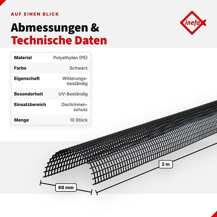 Inefa Dachrinne 10x Laubschutzgitter 2m x 68mm PVC Laubschutz Schwarz - Nennweite: 68 mm, Länge: 200 cm, Kunststoff, Schwarz