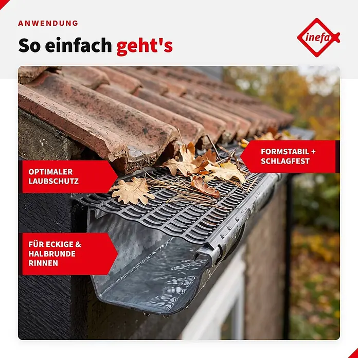 Inefa Dachrinne 30x Laubfangstreifen 100cm NW100-150 (Ø100-160mm) Laubschutz Braun - Nennweite: 100 mm, Länge: 100 cm, Kunststoff, Braun - Ein dunkelgraues Gitter zum Laubschutz in einer Dachrinne, das Blätter abfängt und Wasser durchlässt.