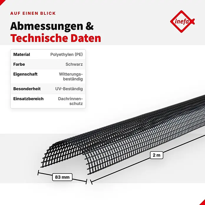 Inefa Dachrinne 2m Laubschutzgitter 83mm PVC Laubschutz Schwarz - Nennweite: 83 mm, Länge: 200 cm, Kunststoff, Schwarz