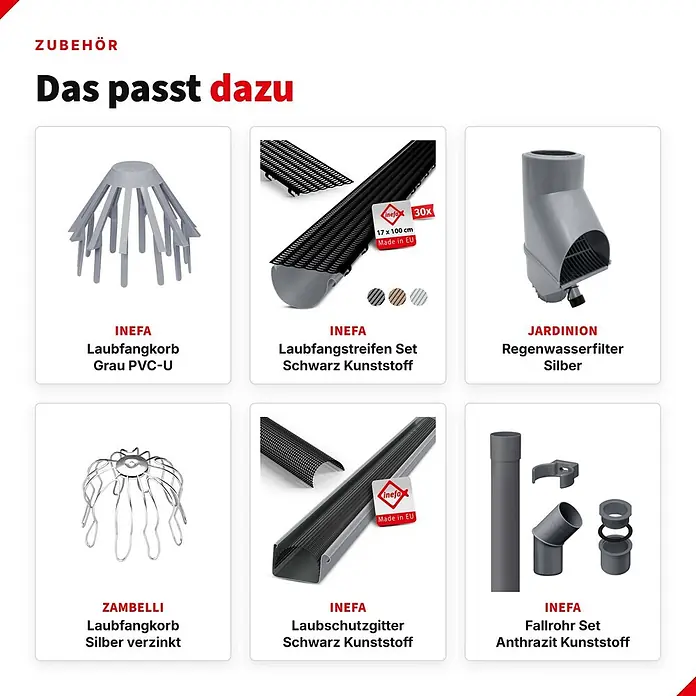 Inefa Dachrinne 30x Laubfangstreifen 100cm NW100-150 (Ø100-160mm) Laubschutz Braun - Nennweite: 100 mm, Länge: 100 cm, Kunststoff, Braun - Eine Auswahl an Dachrinnenzubehör: Laubfangkörbe, Regenwasserfilter und Fallrohr-Komponenten aus Kunststoff oder verzinktem Metall in Grau, Schwarz und Silber.