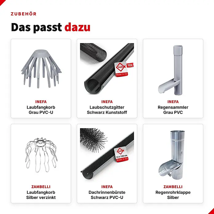 Inefa Dachrinne 100cm Laubfangstreifen NW100 - 150 Laubschutz Grau - Nennweite: 100 mm, Länge: 100 cm, Kunststoff, Silber - Eine Auswahl von sechs Dachrinnenzubehörteilen: Laubfangkörbe, Regensammler und Dachrinnenbürste.