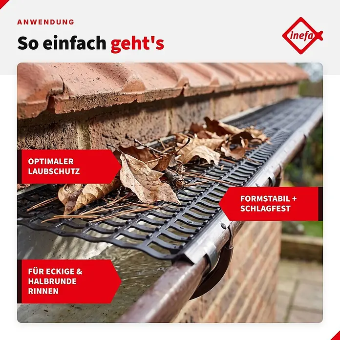Inefa Dachrinne 100cm Laubfangstreifen NW100 - 150 Laubschutz Grau - Nennweite: 100 mm, Länge: 100 cm, Kunststoff, Silber - Schwarzes Kunststoff-Laubschutzgitter in einer braunen Dachrinne, mit gesammelten trockenen Blättern.