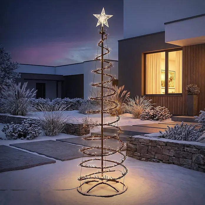 ECD Germany LED Weihnachtsbaum Außen 180 cm, Weihnachtsdeko mit Beleuchtung -  - Beleuchteter spiralförmiger LED-Weihnachtsbaum mit Sternspitze im verschneiten Garten in der Dämmerung.