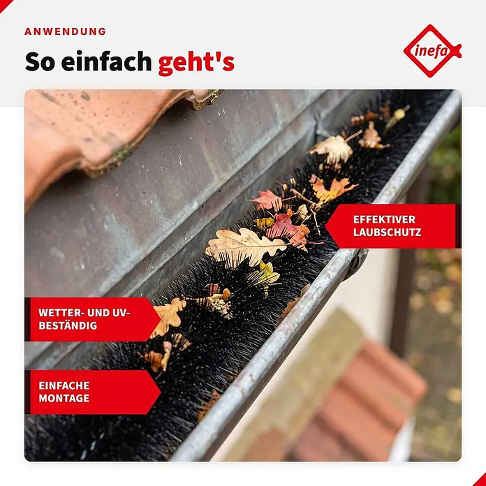 Inefa Dachrinne 120cm Dachrinnenbürste, Laubschutz, Schwarz - Nennweite: 120 mm, Länge: 120 cm, Kunststoff, Schwarz - Schwarze Borstenbürste in einer Metallregenrinne, fungiert als Laubschutz mit Herbstblättern darauf. Verhindert Verstopfungen.