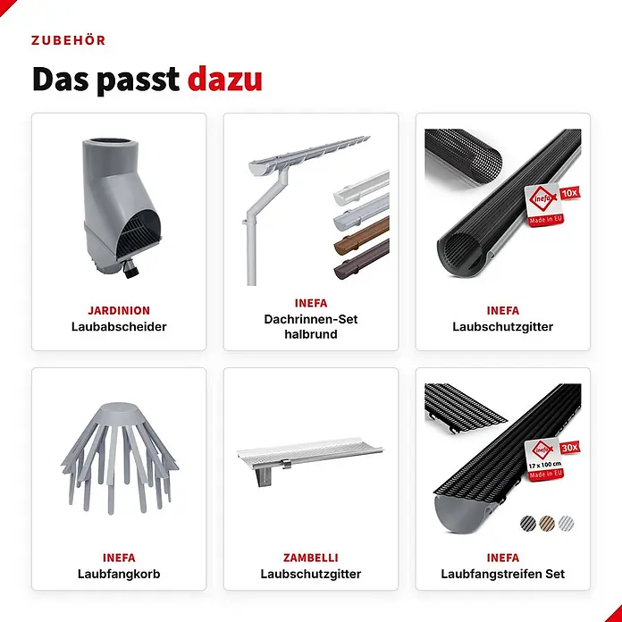 Inefa Dachrinne 120cm Dachrinnenbürste, Laubschutz, Schwarz - Nennweite: 120 mm, Länge: 120 cm, Kunststoff, Schwarz - Sechs Bilder von verschiedenen grauen und braunen Dachrinnenzubehör: Laubabscheider, Dachrinnen-Sets, Laubschutzgitter und Laubfangkörbe.