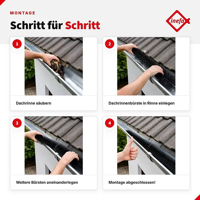 Inefa Dachrinne 120cm Dachrinnenbürste, Laubschutz, Schwarz - Nennweite: 120 mm, Länge: 120 cm, Kunststoff, Schwarz - Hände installieren schwarze, borstige Dachrinnenbürsten in eine Dachrinne. Eine Schritt-für-Schritt-Anleitung zur Montage.