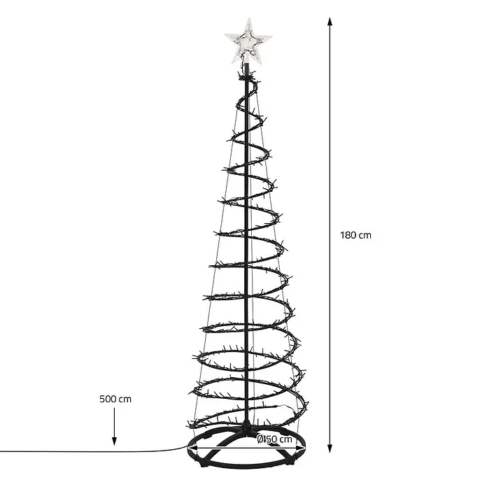 ECD Germany LED Weihnachtsbaum Außen 180 cm, Weihnachtsdeko mit Beleuchtung -  - Schwarze Metall-Spiral-Weihnachtsbaum-Lichtdekoration mit Sternspitze. 180 cm hoch, 50 cm Durchmesser, 500 cm Kabel.