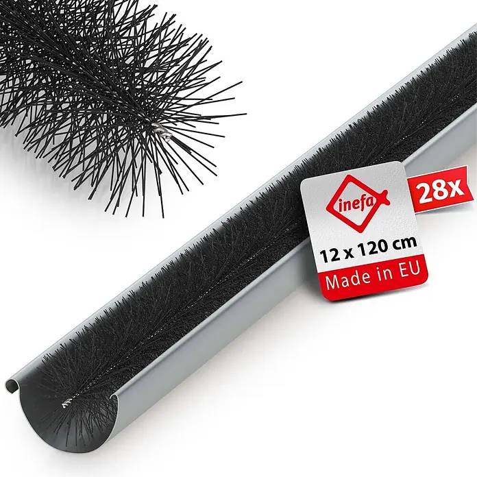 Inefa Dachrinne 28x Dachrinnenbürste 120cm, Laubschutz, Schwarz - Nennweite: 120 mm, Länge: 120 cm, Kunststoff, Schwarz - Schwarze Dachrinnenbürste in grauem U-Profil, mit separatem Bürstenkopf und Produktetikett.