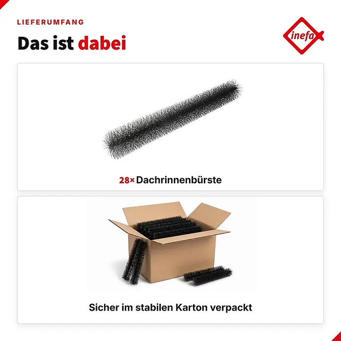 Inefa Dachrinne 28x Dachrinnenbürste 120cm, Laubschutz, Schwarz - Nennweite: 120 mm, Länge: 120 cm, Kunststoff, Schwarz - 28 schwarze Dachrinnenbürsten, einzeln abgebildet und sicher im Karton verpackt.