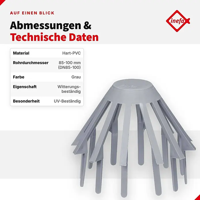 Inefa Dachrinne Laubfangkorb DN85-100 / 85-100mm PVC Laubschutz Grau - Nennweite: 85 mm, Länge: 8 cm, Kunststoff, Silber - Grauer Hart-PVC Laubfang für Dachrinnen, 85-100 mm Rohrdurchmesser, witterungs- und UV-beständig.