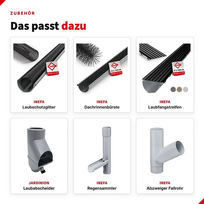 Inefa Dachrinne Laubfangkorb DN85-100 / 85-100mm PVC Laubschutz Grau - Nennweite: 85 mm, Länge: 8 cm, Kunststoff, Silber - Sammlung verschiedener grauer und schwarzer Dachrinnenzubehörteile, darunter Laubschutzgitter, Dachrinnenbürste, Laubabscheider, Regensammler, Fallrohrabzweiger.