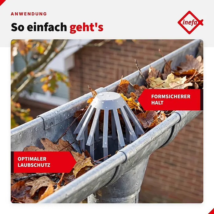 Inefa Dachrinne Laubfangkorb DN85-100 / 85-100mm PVC Laubschutz Grau - Nennweite: 85 mm, Länge: 8 cm, Kunststoff, Silber - Grauer Kunststoff-Laubschutztrichter in einer Metallregenrinne, umgeben von nassem Herbstlaub zur Vermeidung von Verstopfungen.