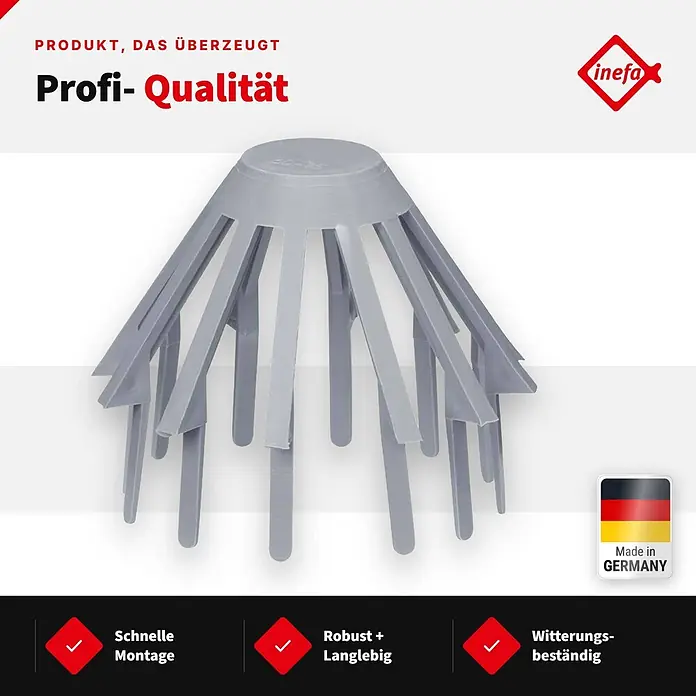 Inefa Dachrinne Laubfangkorb DN85-100 / 85-100mm PVC Laubschutz Grau - Nennweite: 85 mm, Länge: 8 cm, Kunststoff, Silber - Grauer Kunststoff-Ablaufschutz mit Trichter und strahlenförmigen Lamellen.