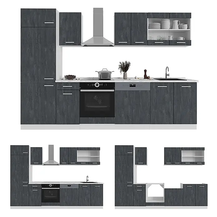 Vicco Küchenzeile R-Line, Schwarz Beton/Weiß, 300 cm -  - Dunkelgraue Küche in Holzoptik mit integrierten Geräten und verschiedenen Schrankkonfigurationen.