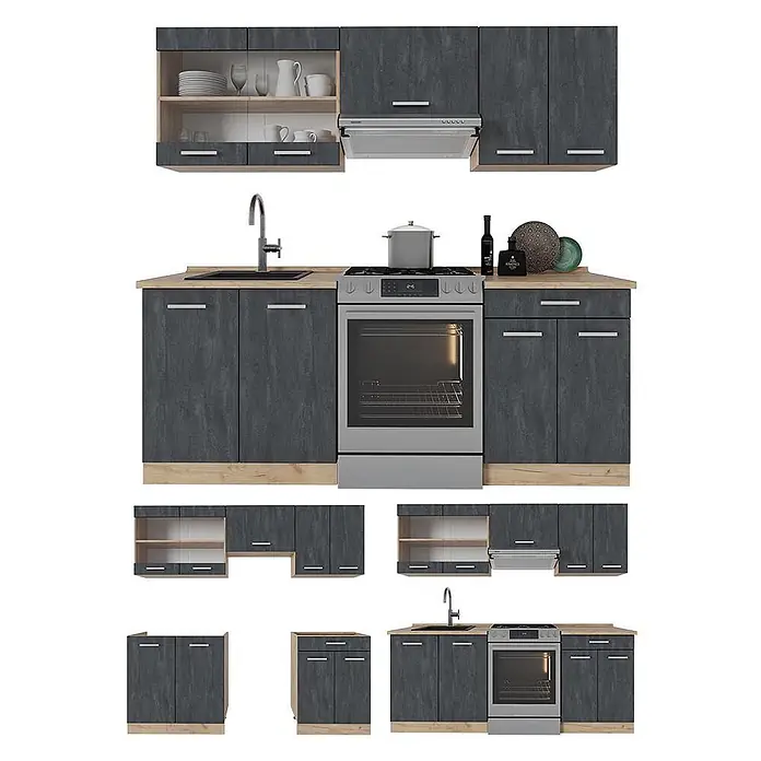 Vicco Küche R-Line, Schwarz Beton/Goldkraft Eiche, 200 cm -  - Modulare Küchenzeile mit dunkelgrauen Schränken und hellen Holzakzenten, inklusive Spüle, Ofen und verschiedenen Lagereinheiten.