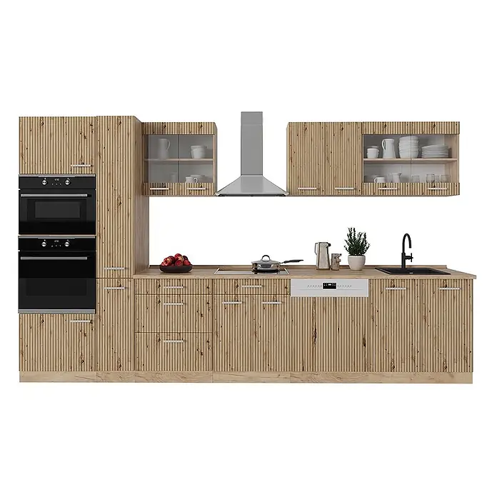 Küchenzeile R-Line 300 cm Artisan-Eiche Art.-Nr. 48940 -  - Moderne Küchenmöbel mit hellen Holzfronten im Lamellendesign, integrierten schwarzen Öfen, Kochfeld, Spüle und Geschirrspüler.