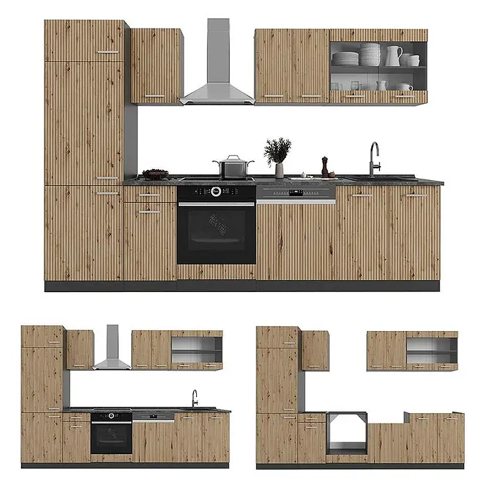 Küchenzeile R-Line 300 cm Artisan-Eiche Art.-Nr. 48940 -  - Komplette Küchenmöbelgarnitur mit hellen Holzschränken, dunkelgrauen Arbeitsplatten und integrierten Geräten.