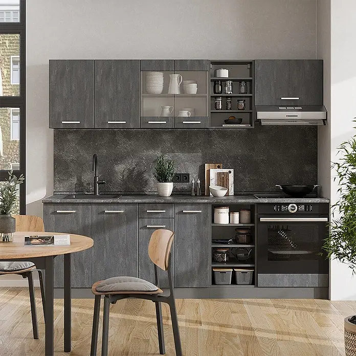 Vicco Küchenzeile R-Line, Schwarz Beton/Anthrazit, 240 cm -  - Komplette Küchenzeile in Anthrazit mit strukturierter Oberfläche, Ober-/Unterschränken, Spüle, Kochfeld und Backofen.