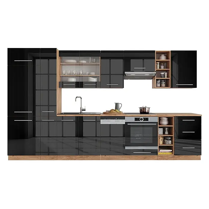 Vicco Küchenzeile Fame-Line, Anthrazit Hochglanz/Goldkraft Eiche, 355 cm -  - Moderne schwarz hochglänzende Küche mit Arbeitsplatten in heller Holzoptik, integrierten Geräten und offenen Regalen.