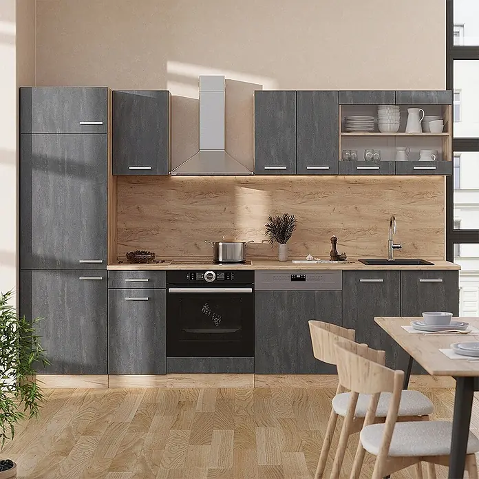 Vicco Küchenzeile R-Line, Schwarz Beton/Goldkraft Eiche, 300 cm -  - Moderne Küche mit dunkelgrauen Schränken, Holz-Arbeitsplatte und integrierten Geräten.
