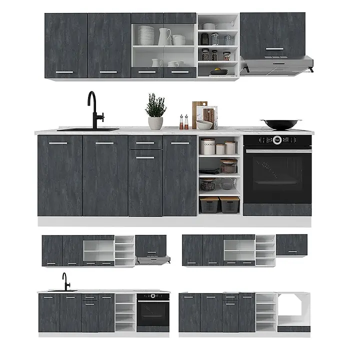 Vicco Küchenzeile R-Line, Schwarz Beton/Weiß, 240 cm -  - Modulare Küchenzeile in Dunkelgrau und Weiß mit Backofen, Spüle und Dunstabzugshaube.