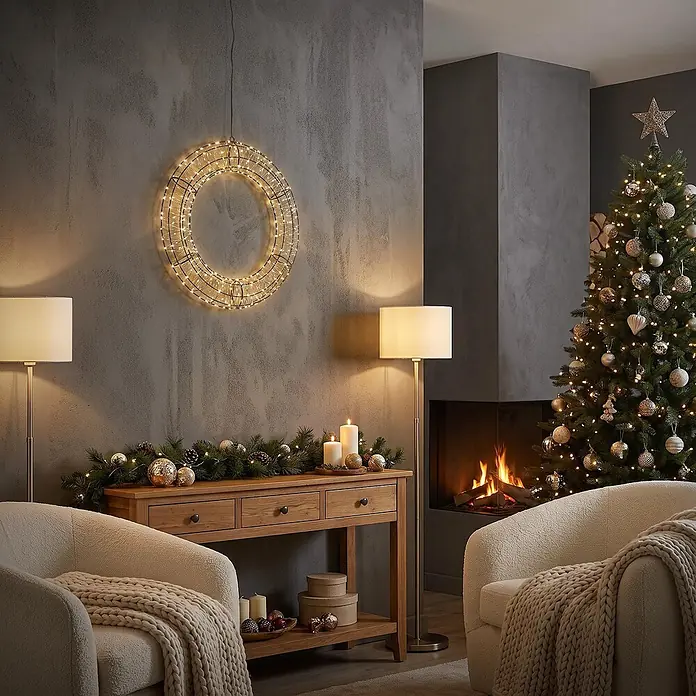 ECD Germany LED Weihnachtskranz Ø50 cm mit Lichterkette 720 LEDs -  - Ein gemütliches, weihnachtlich dekoriertes Wohnzimmer mit beleuchtetem Kranz, geschmücktem Weihnachtsbaum und warmer Beleuchtung.