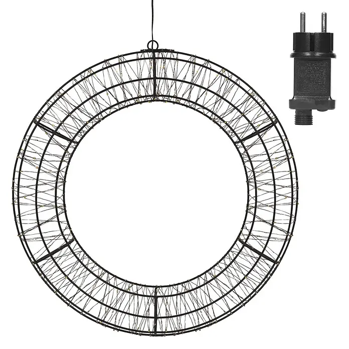 ECD Germany LED Weihnachtskranz Ø38 cm mit Lichterkette 480 LEDs -  - Großer schwarzer Metallkranzrahmen mit warmweißen LED-Lichterketten und einem schwarzen zweipoligen Netzadapter.